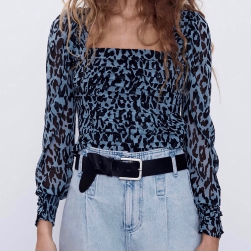 Zara Leopard Blouse Puff Long Sleeve Black Blue Ruched Size Extra Small